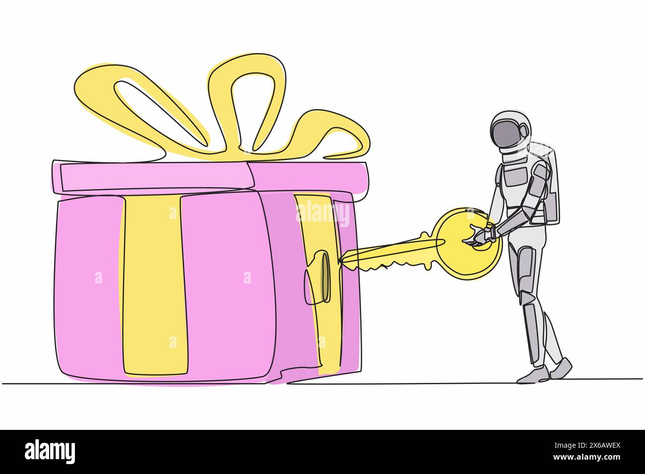Single one line drawing of young astronaut put key into gift box with ...