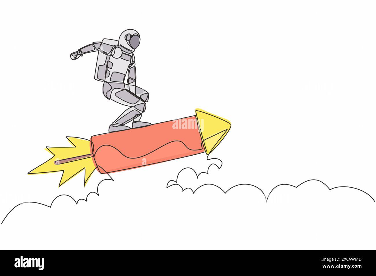 Single continuous line drawing young astronaut standing astride rocket ...