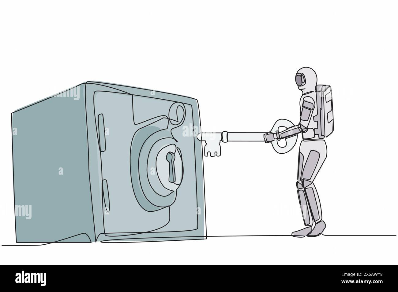 Single continuous line drawing young astronaut putting big key into ...