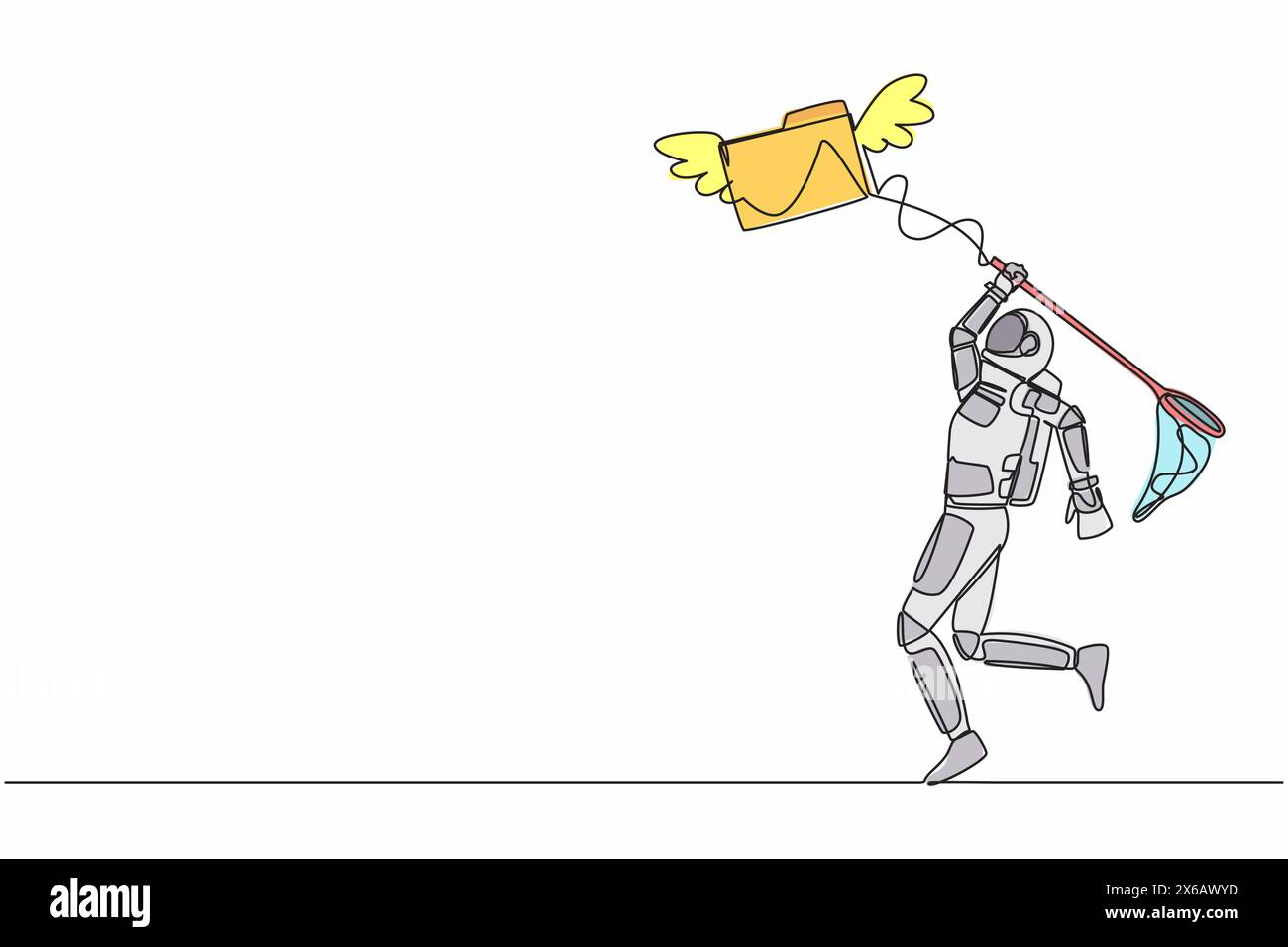 Continuous one line drawing astronaut try to catch flying folder icon ...