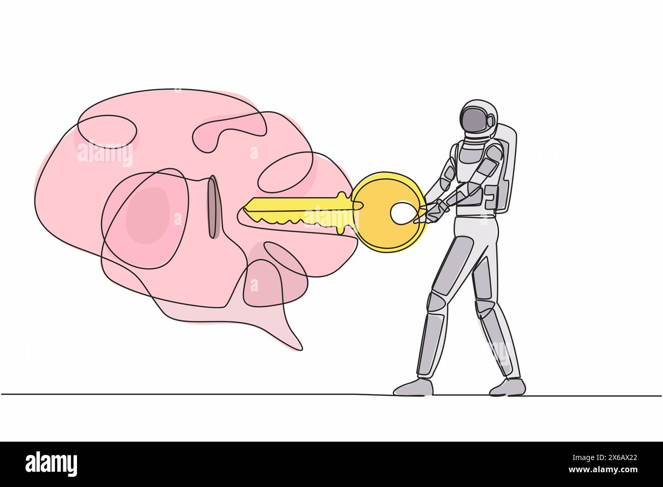 Continuous one line drawing young astronaut putting key into brain in ...