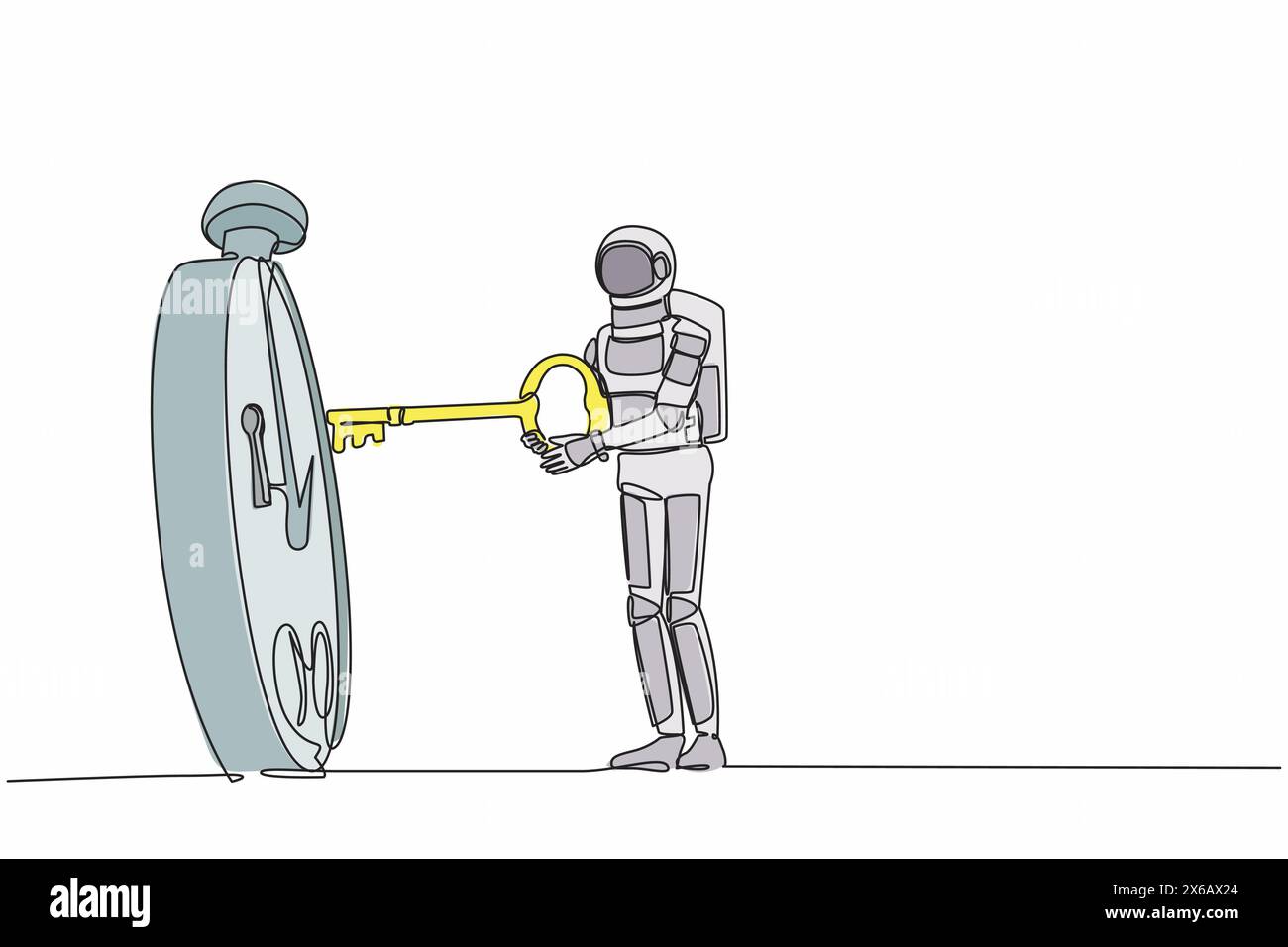 Continuous one line drawing young astronaut putting big key into ...