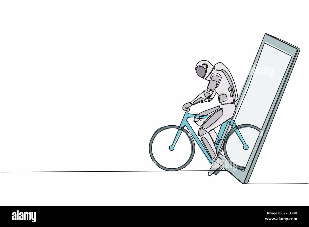 Single continuous line drawing young astronaut bicycle racer improve his speed at training session getting out of smartphone screen. Cosmonaut deep sp Stock Vector
