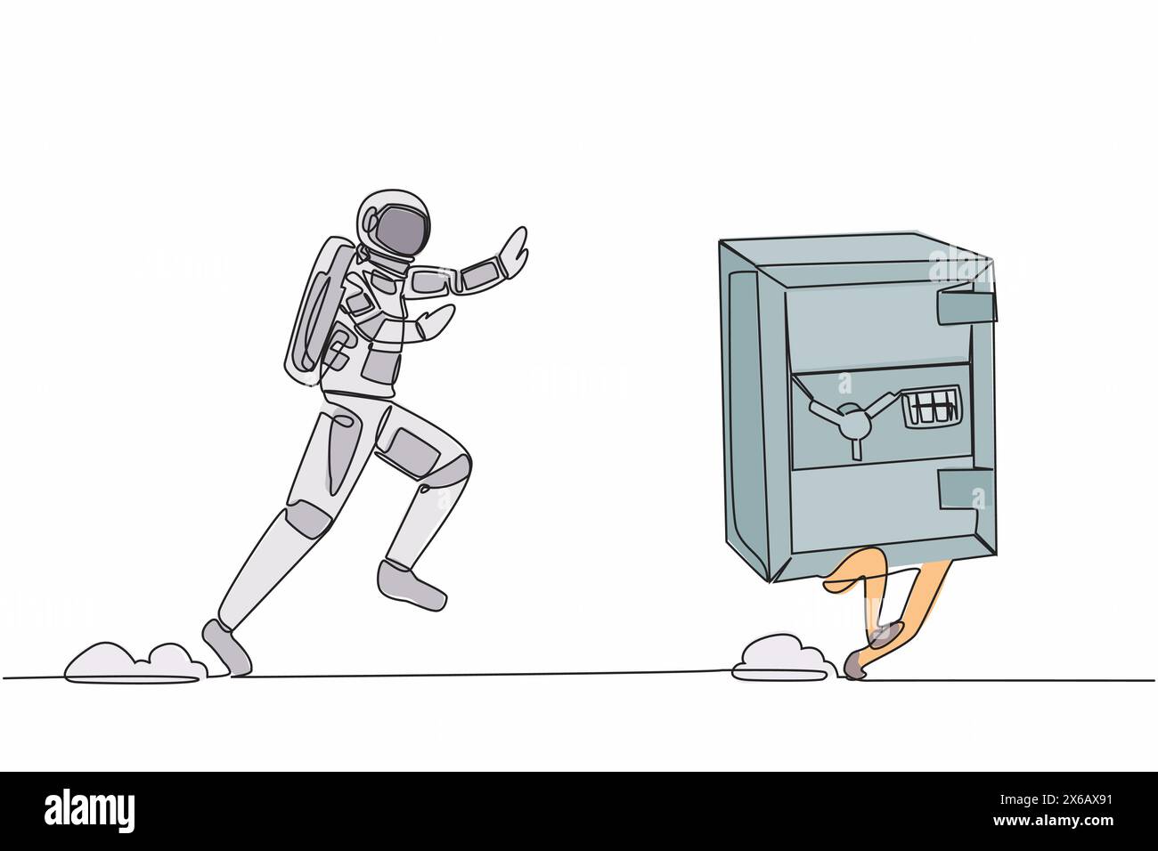 Single one line drawing of young astronaut run chasing safe deposit box ...
