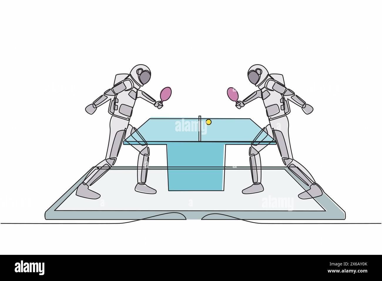 Single continuous line of drawing table tennis court with two astronaut players on smartphone screen. Professional sports competition. Cosmonaut deep Stock Vector