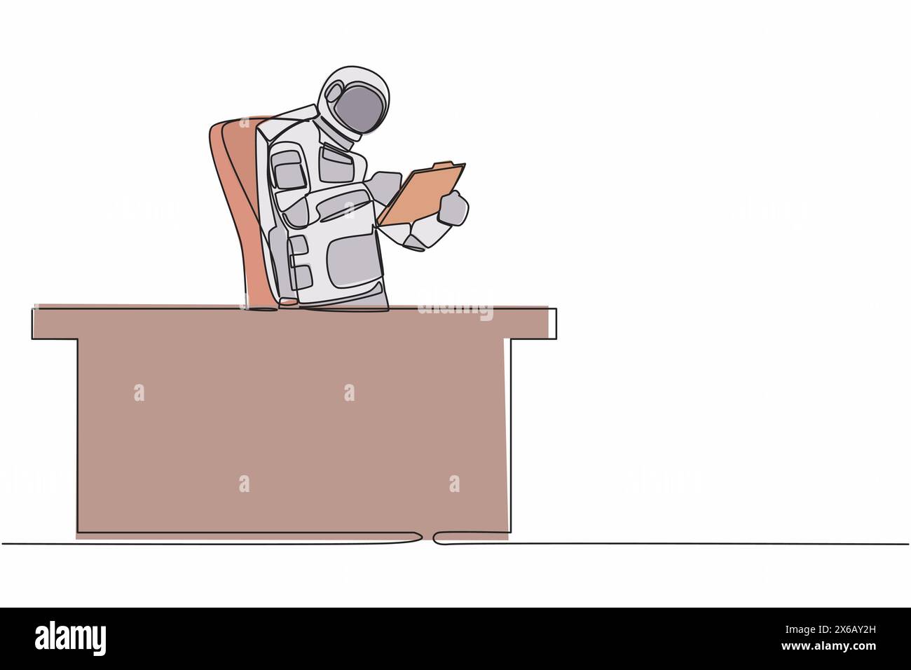 Single one line drawing of young astronaut sitting on chair near office desk and showing clipboard in moon surface. Cosmic galaxy space concept. Conti Stock Vector