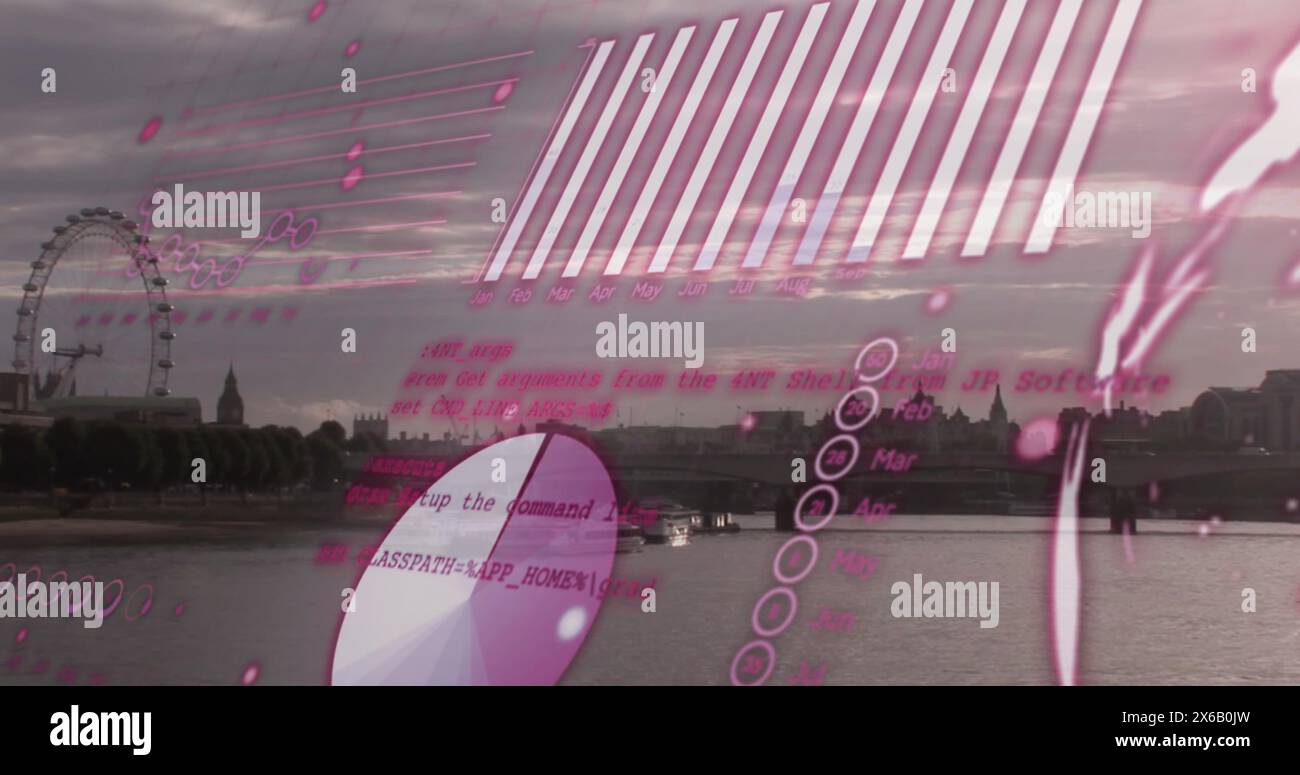 A series of data processing and statistics images set against a backdrop of the london cityscape the Stock Photo