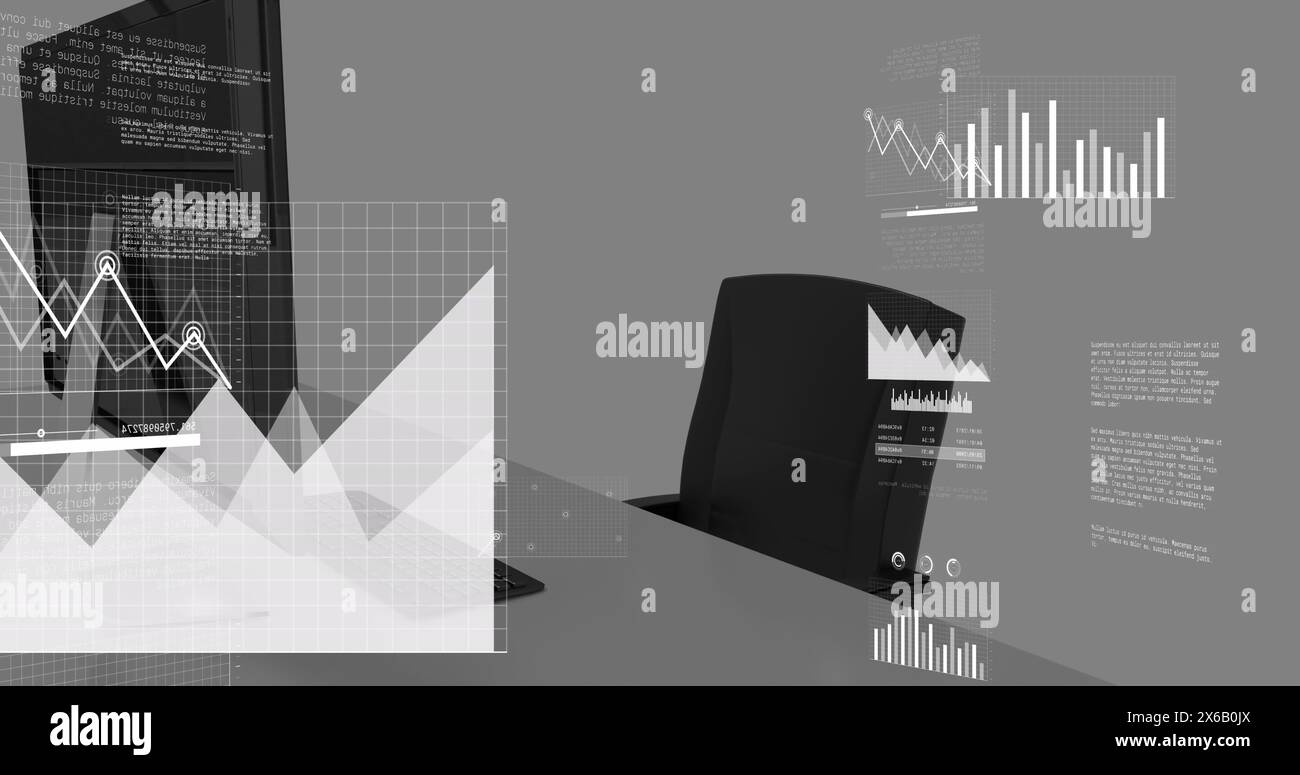 Image of screens with data processing against office desk Stock Photo