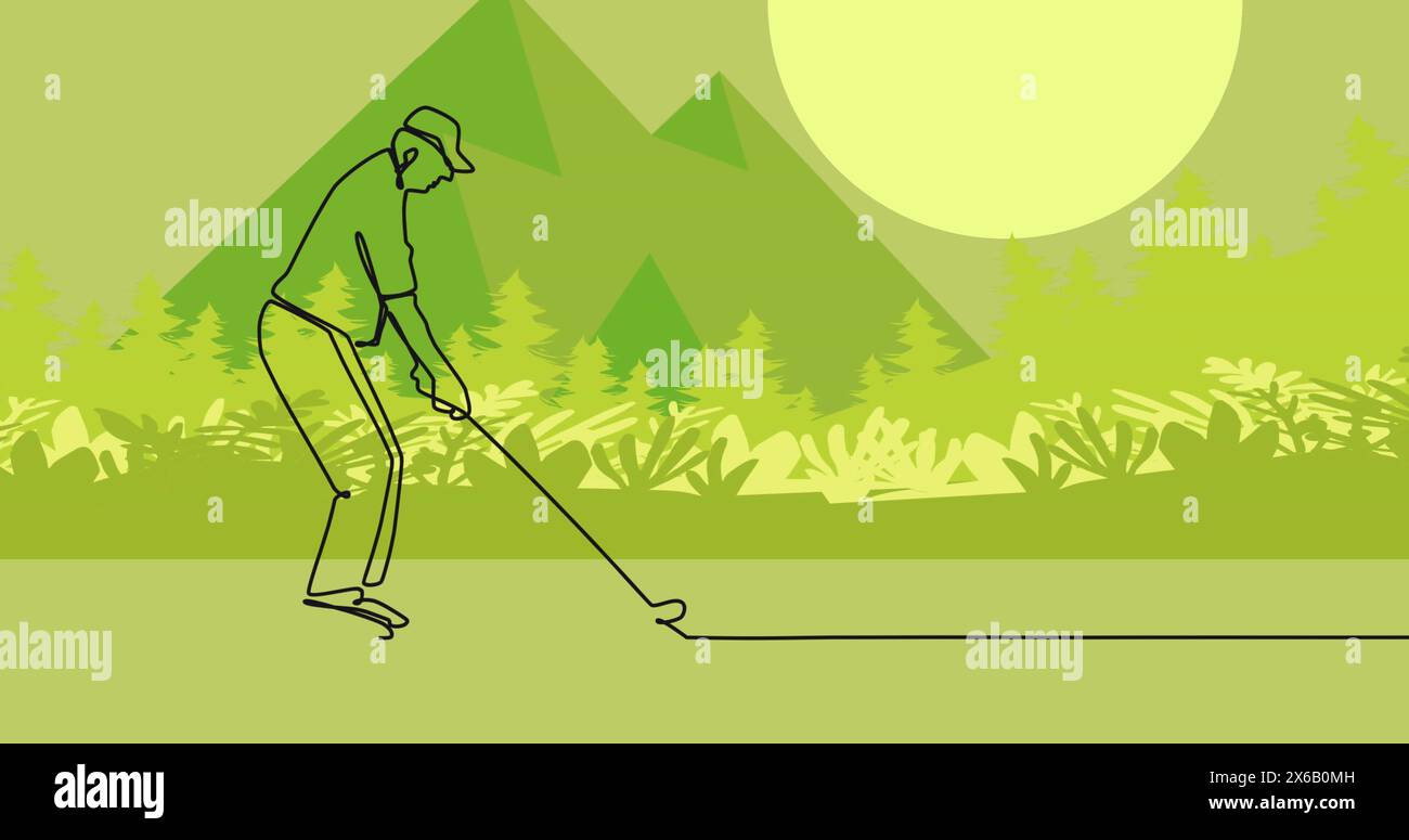 Image of drawing of male golf player over landscape Stock Photo
