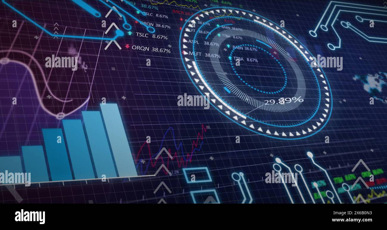 Image of interface with round scanner and stock market data processing ...