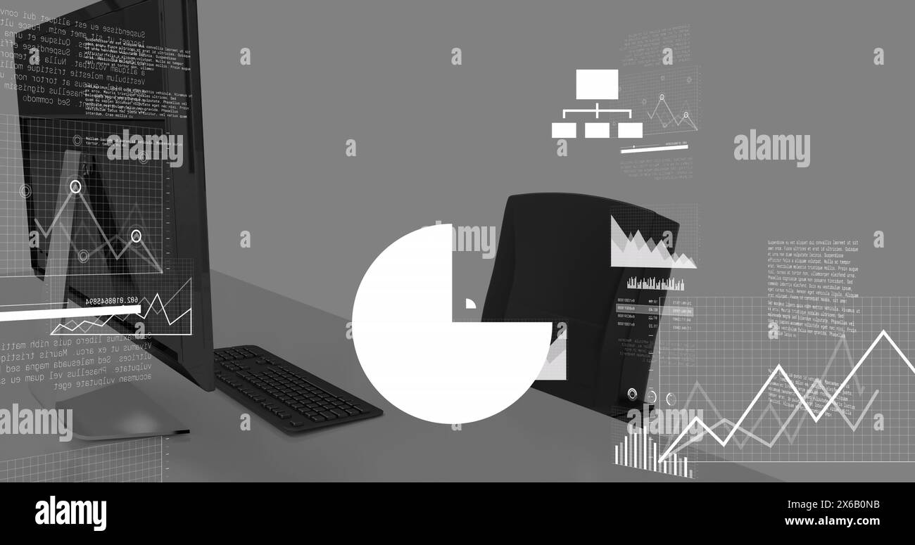 Image of screens with data processing against office desk Stock Photo