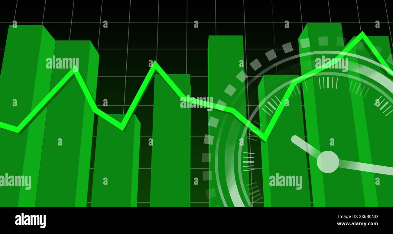 Image of ticking clock over statistical data processing against black background Stock Photo