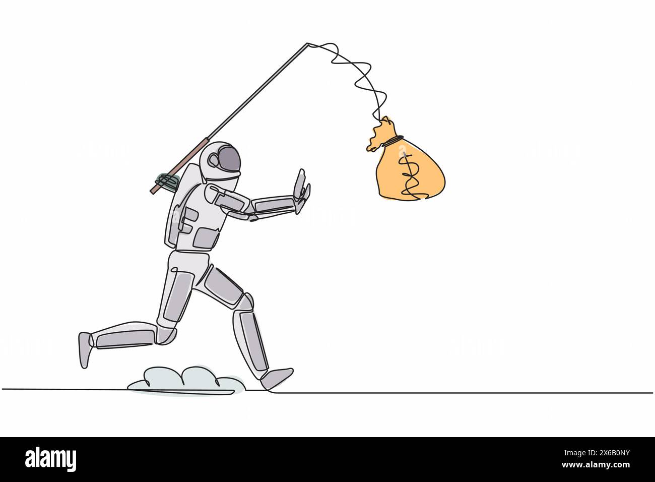 Single continuous line drawing astronaut chasing bait of money bag from himself. Foolishness and stupidity in spaceship company funding. Cosmonaut dee Stock Vector