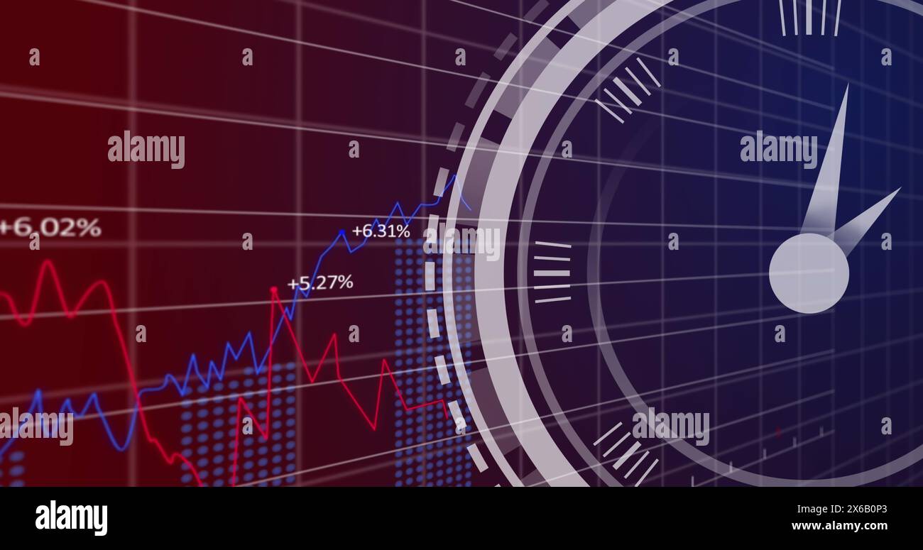 Image of ticking clock over statistical data processing against purple gradient background Stock Photo