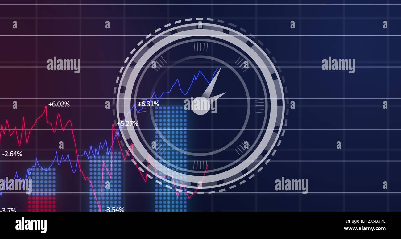 Image of ticking clock over statistical data processing against purple gradient background Stock Photo