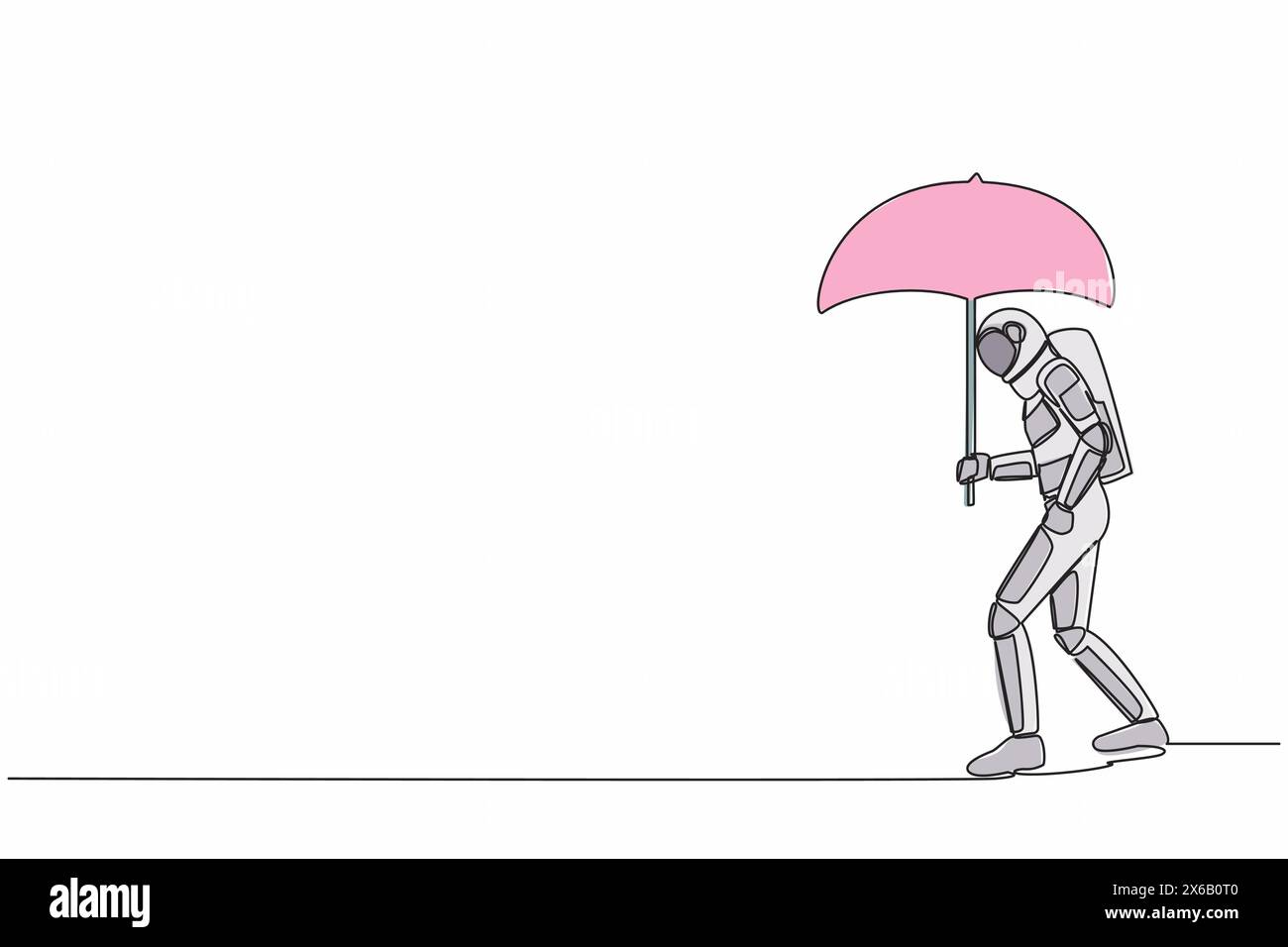 Single one line drawing young astronaut walking with umbrella under ...