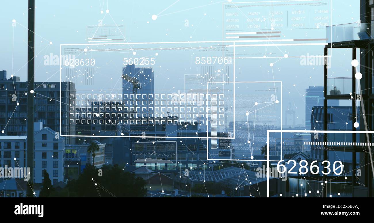 Image of data processing over cityscape Stock Photo