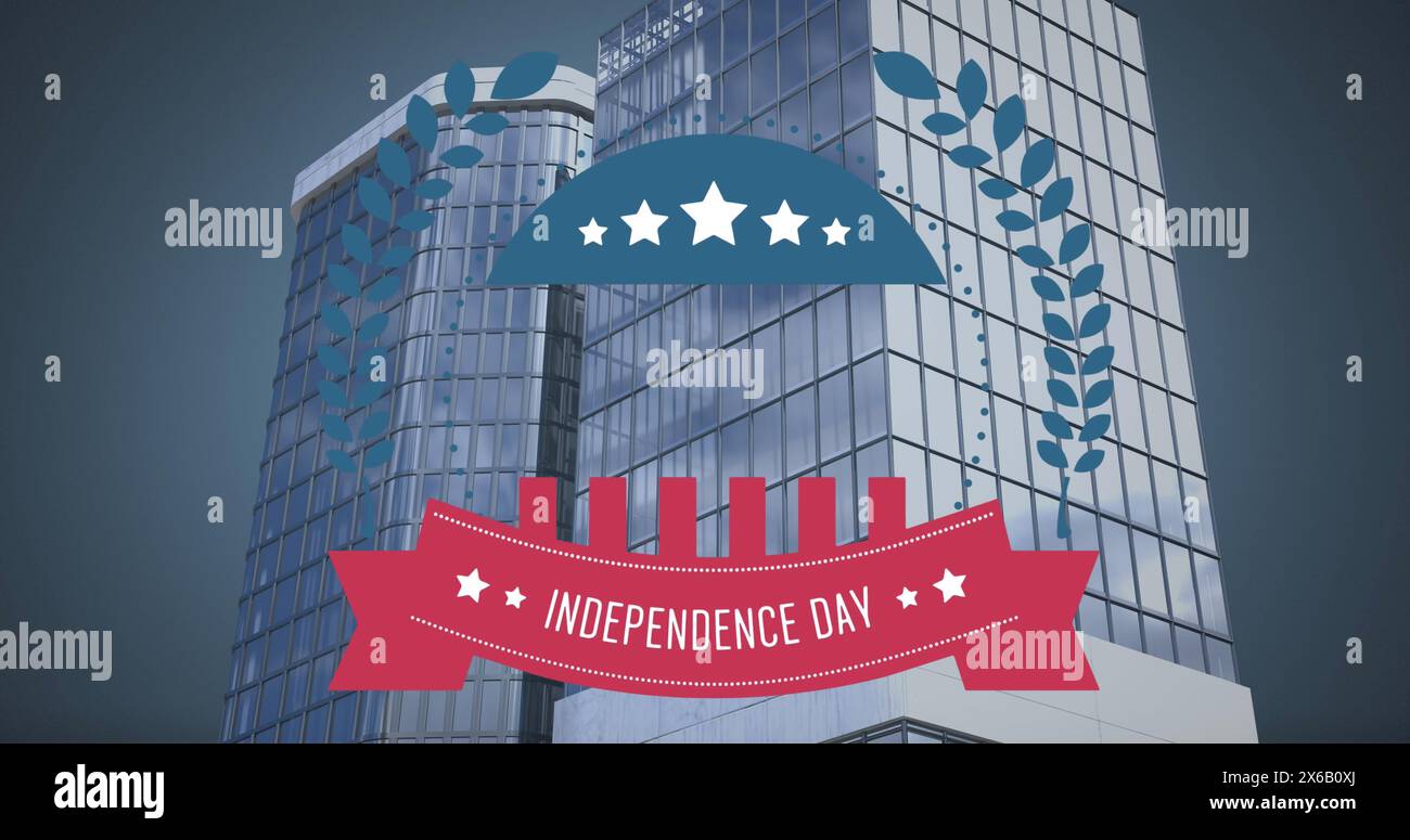 Image of independence day and logo text over cityscape Stock Photo
