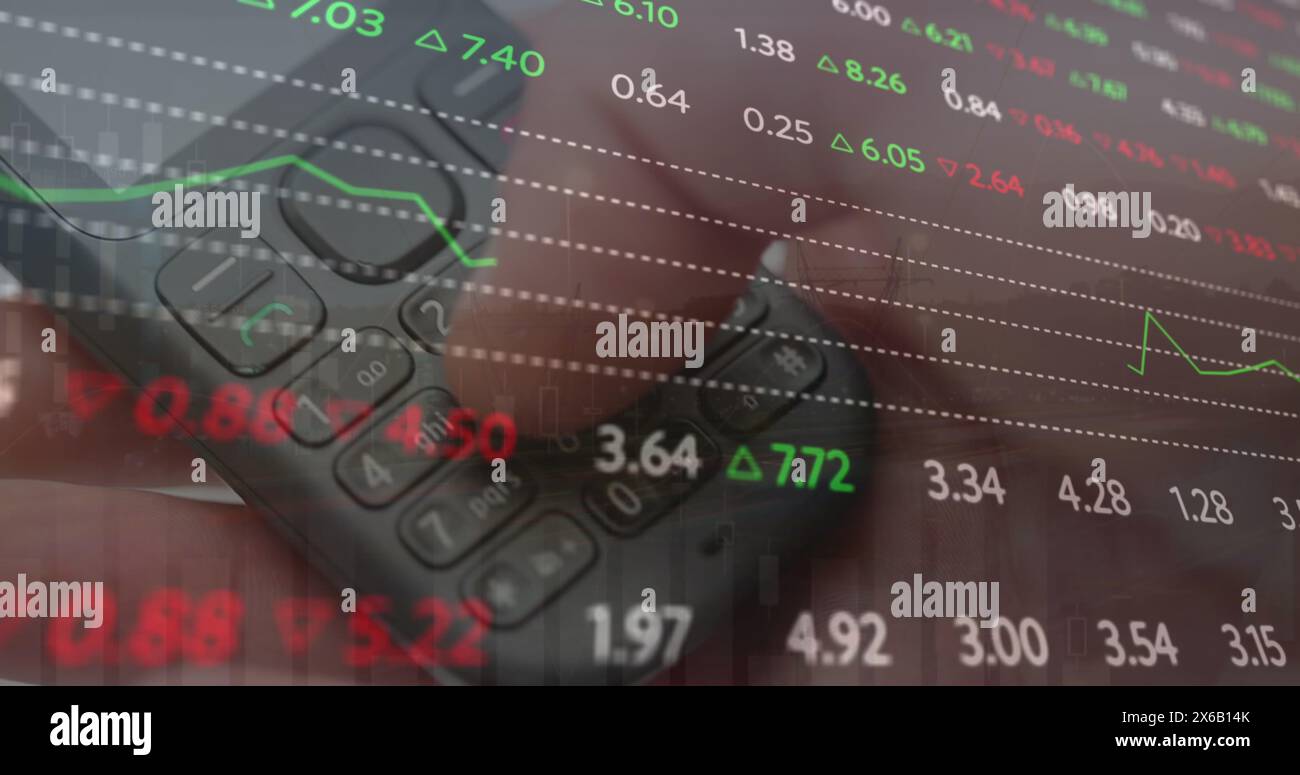 Image of data processing over hand using phone Stock Photo