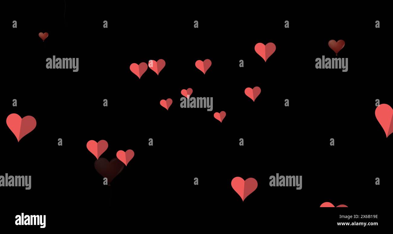 Image of red heart icons floating against copy space on black ...