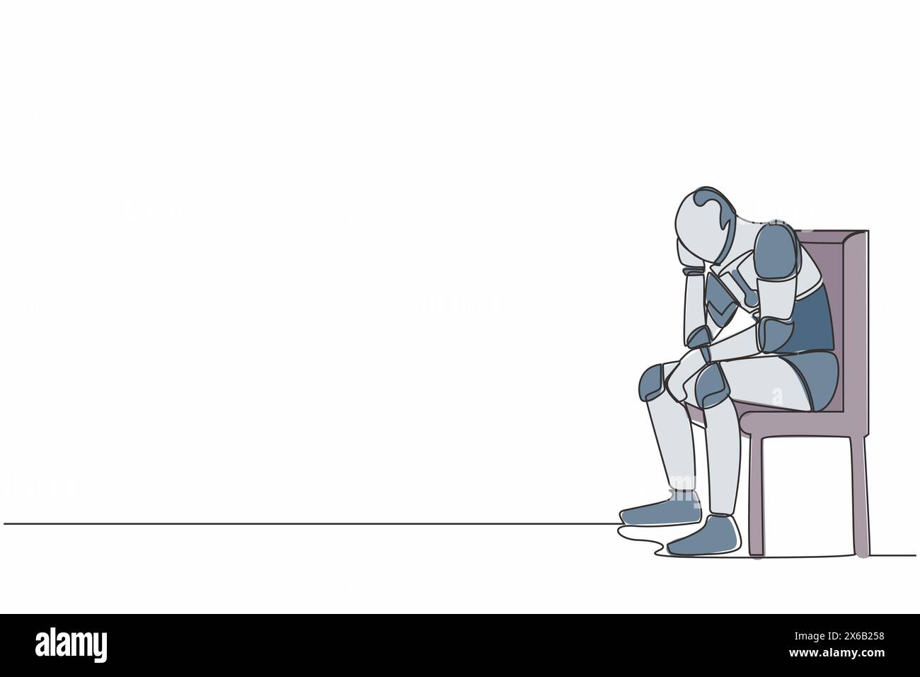 Single one line drawing sad depressed robot sitting on chair thinking ...