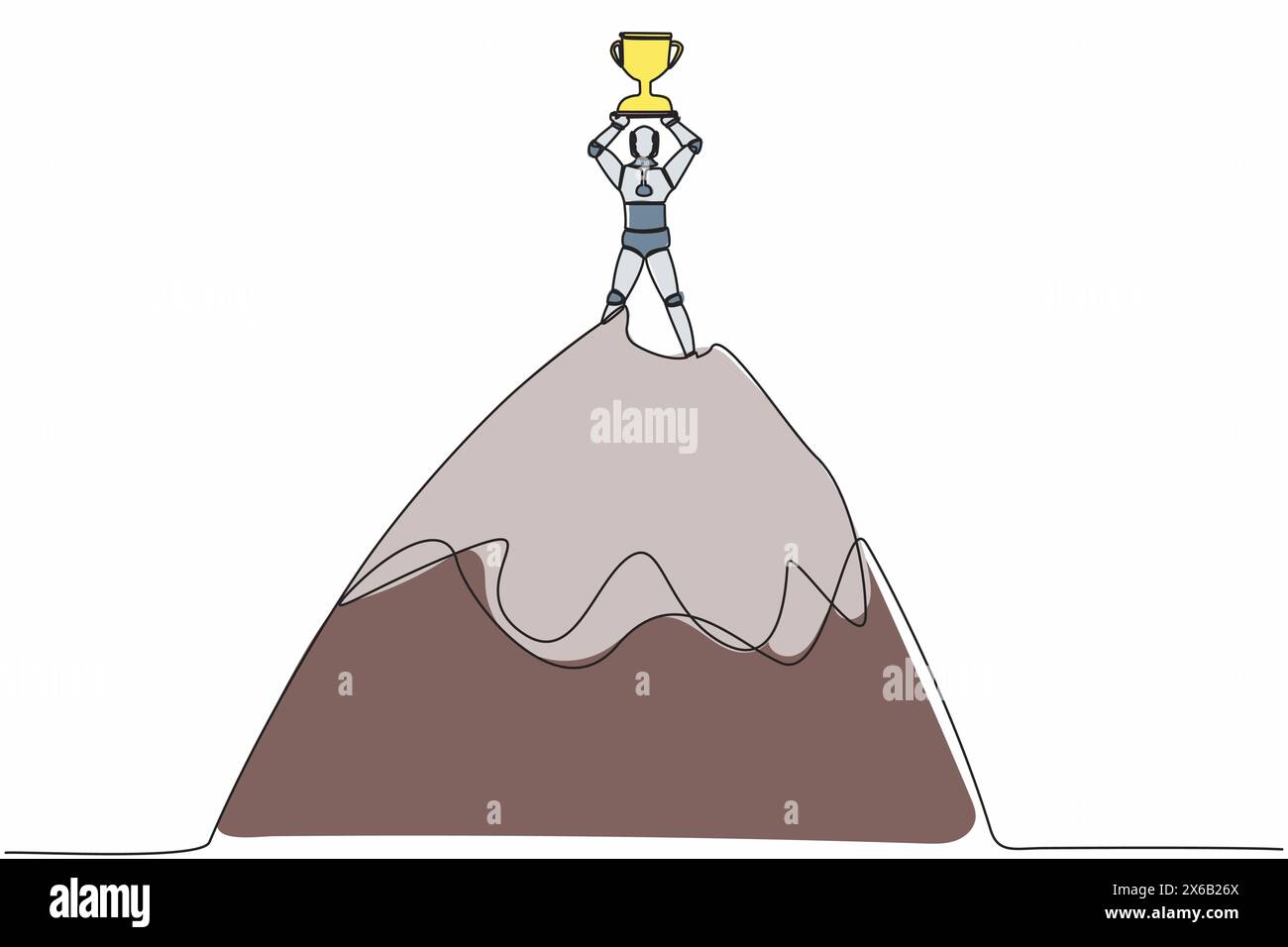 Single one line drawing robot lifting up trophy on top of high mountain. Success, goal, achievement. Future technology development. Machine learning p Stock Vector