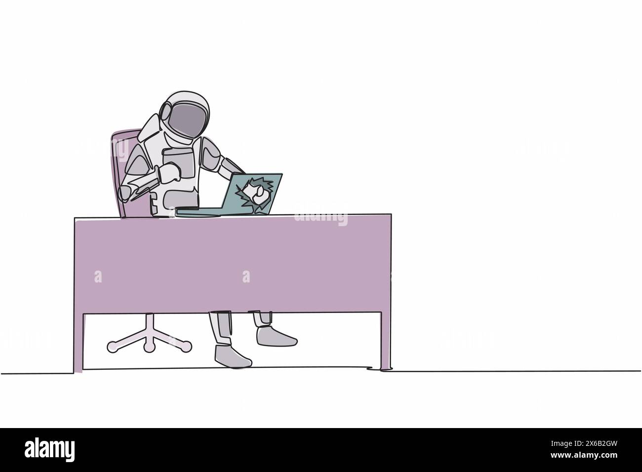 Single one line drawing of angry young astronaut breaks his laptop computer hitting it with clenched fist at working desk. Cosmic galaxy space. Contin Stock Vector