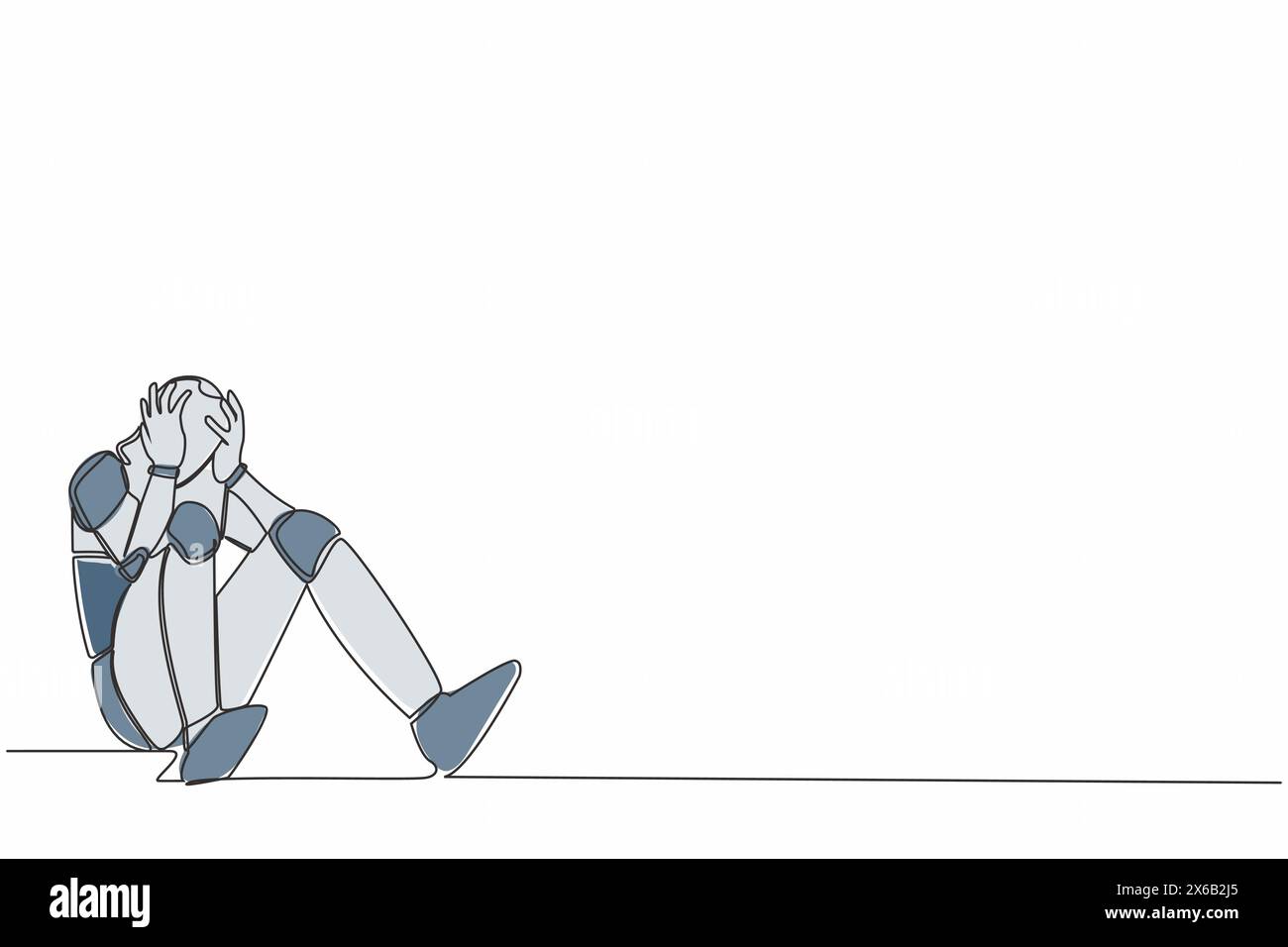 Single continuous line drawing robot feeling sad, depression, holding ...