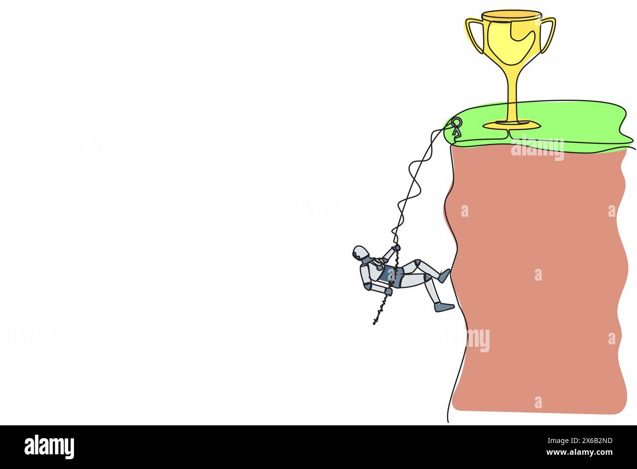 Continuous one line drawing robot climber hanging on rope and pulling himself on top of rocky mountain wall to reach trophy. Future robotic developmen Stock Vector