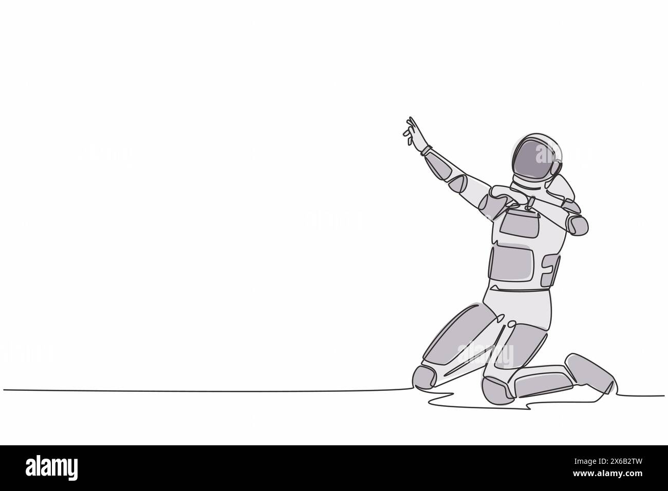 Single one line drawing happy astronaut kneeling with celebrating goal pose. Successful spaceship business project. Cosmic galaxy space concept. Conti Stock Vector