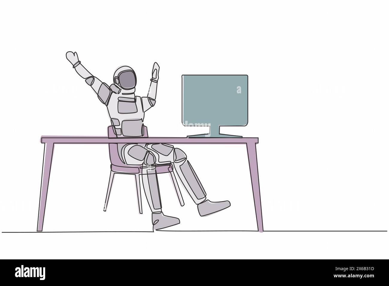 Single continuous line drawing happy astronaut sitting with raised ...
