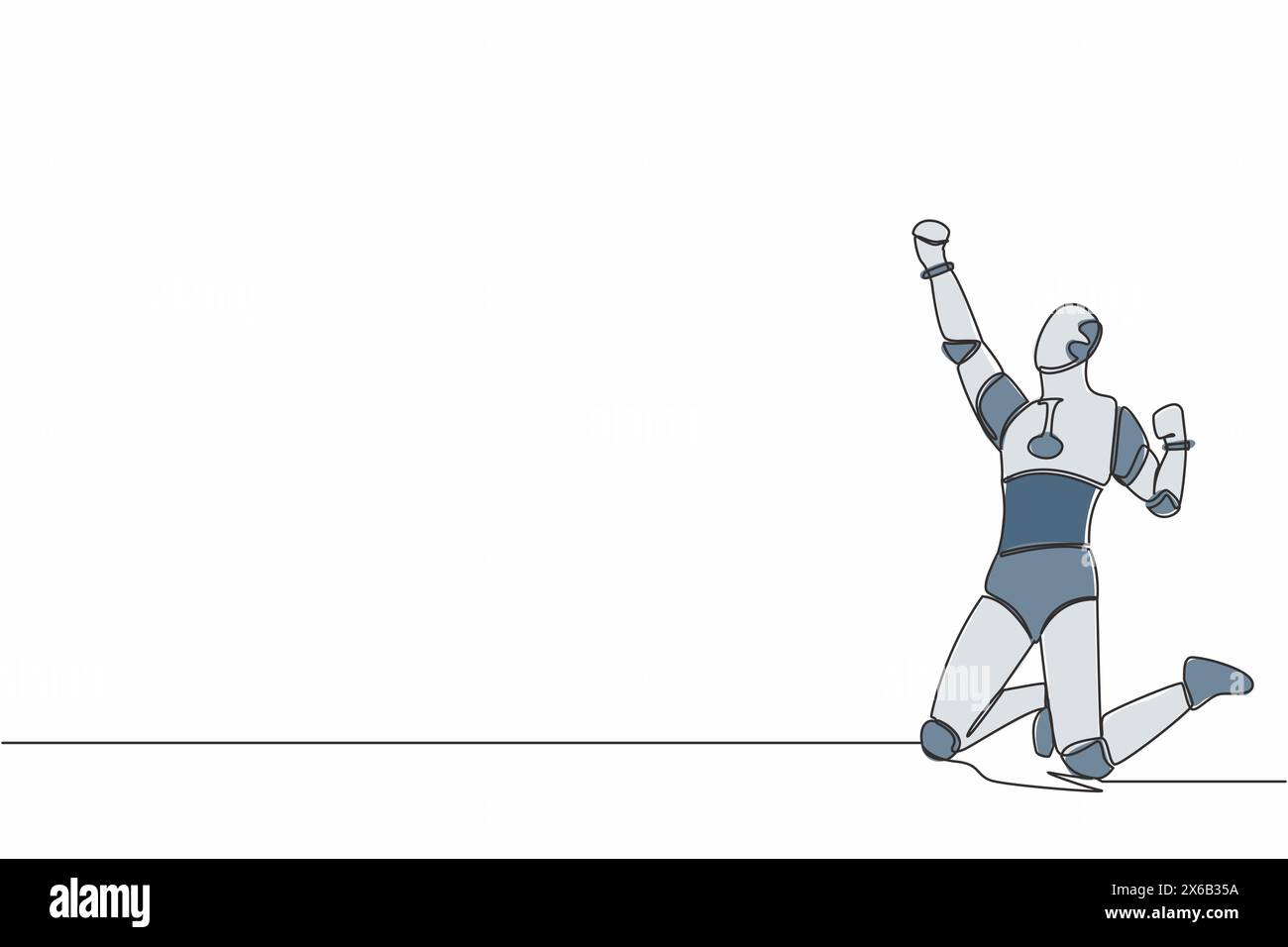 Continuous one line drawing happy robot kneeling with raised one hand ...