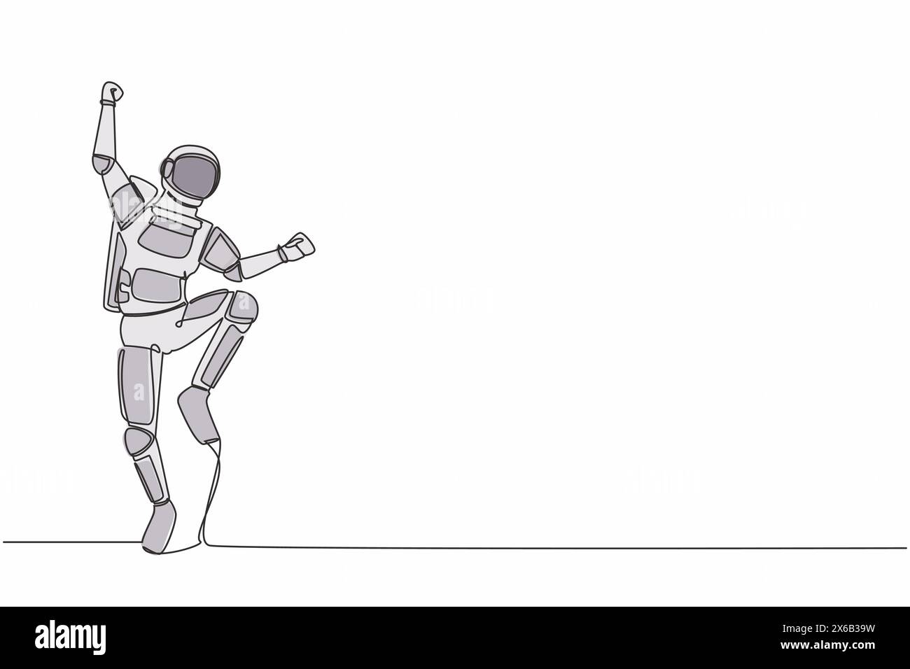 Single one line drawing of happy astronaut jump with folds one leg and ...