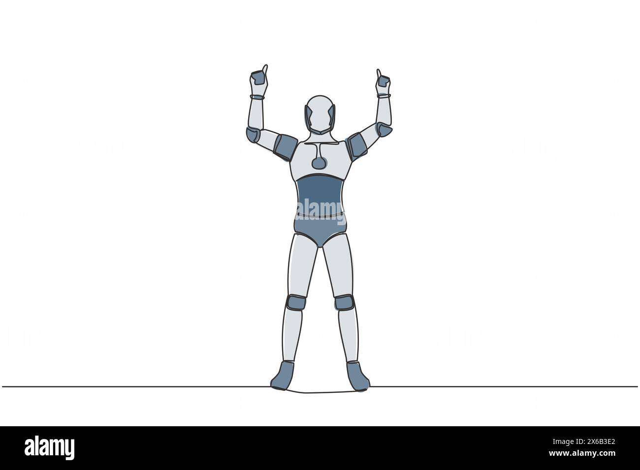 Single continuous line happy robot standing with both hands pointing index fingers up. Celebrate win. Artificial intelligence machine learning process Stock Vector