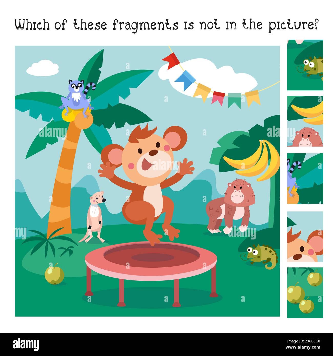 Puzzle game for kids. Find fragments. Cartoon illustration. Cute monkey in jungle. Vector illustration.  Stock Vector