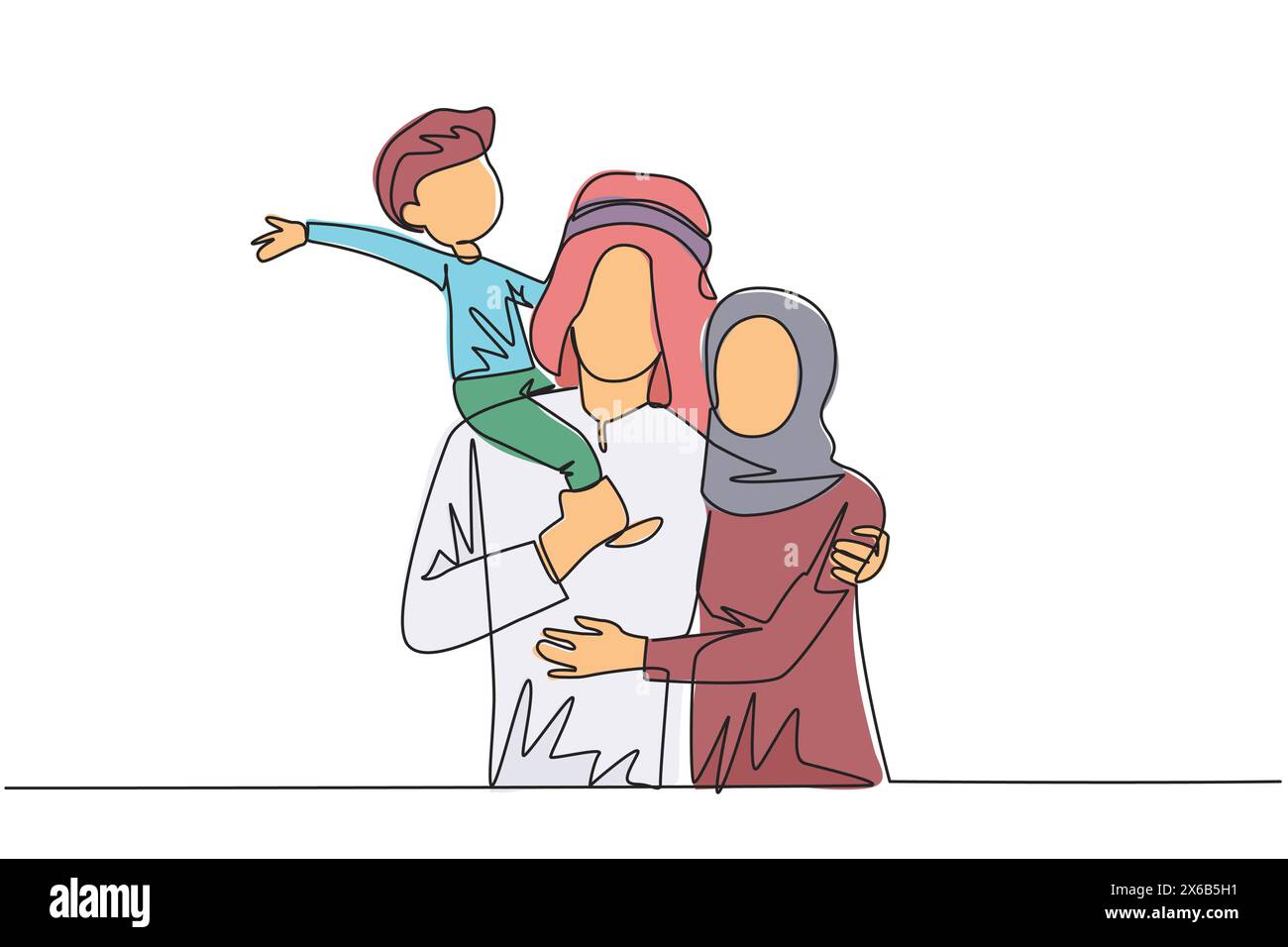 Single one line drawing of young Arabian woman hug her handsome husband who is holding their little cute son. Smiling couple with child. Happy family Stock Vector