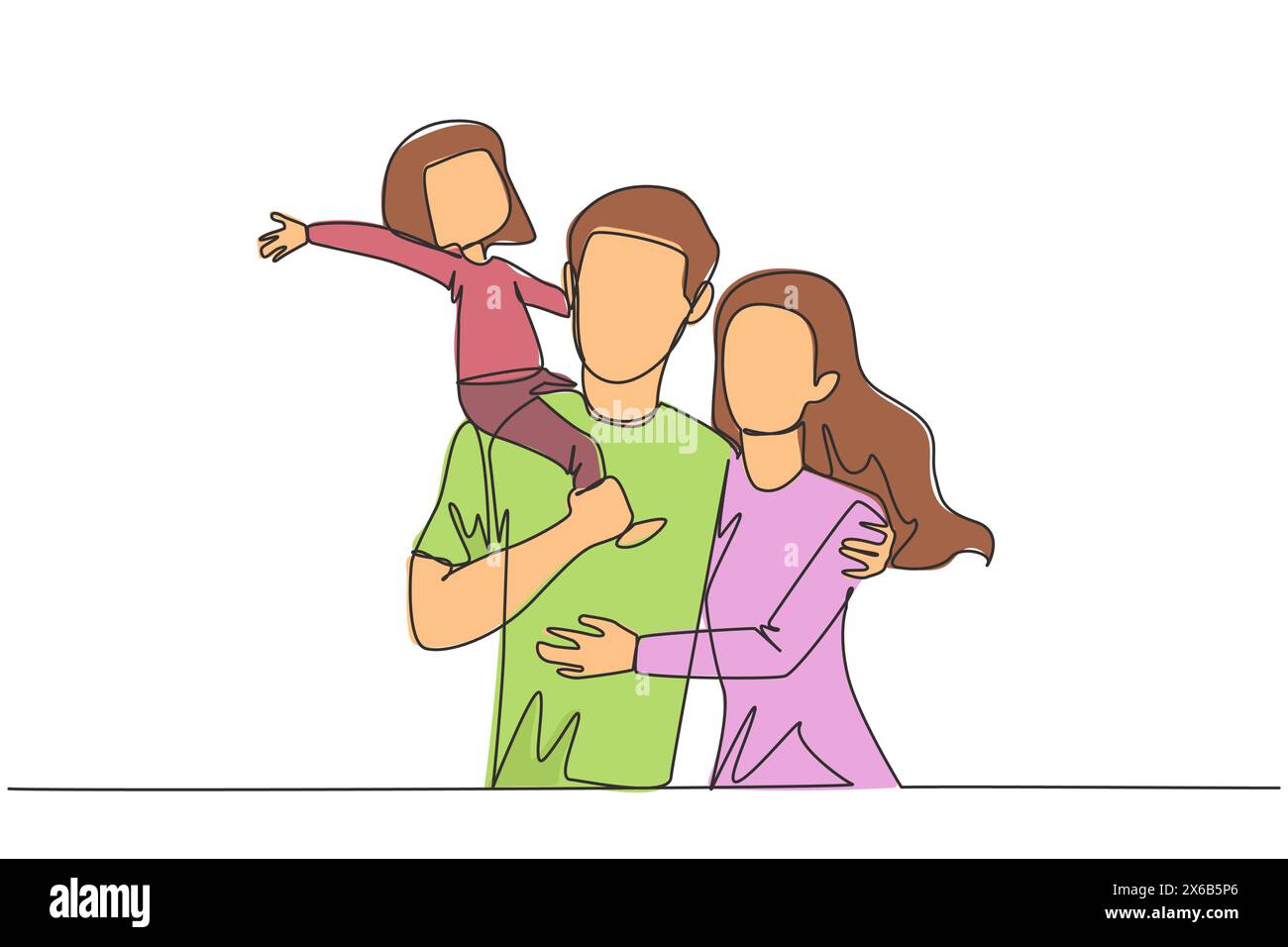 Continuous one line drawing of young woman hug her handsome husband who is holding their cute daughter. Smiling couple with child. Happy family concep Stock Vector
