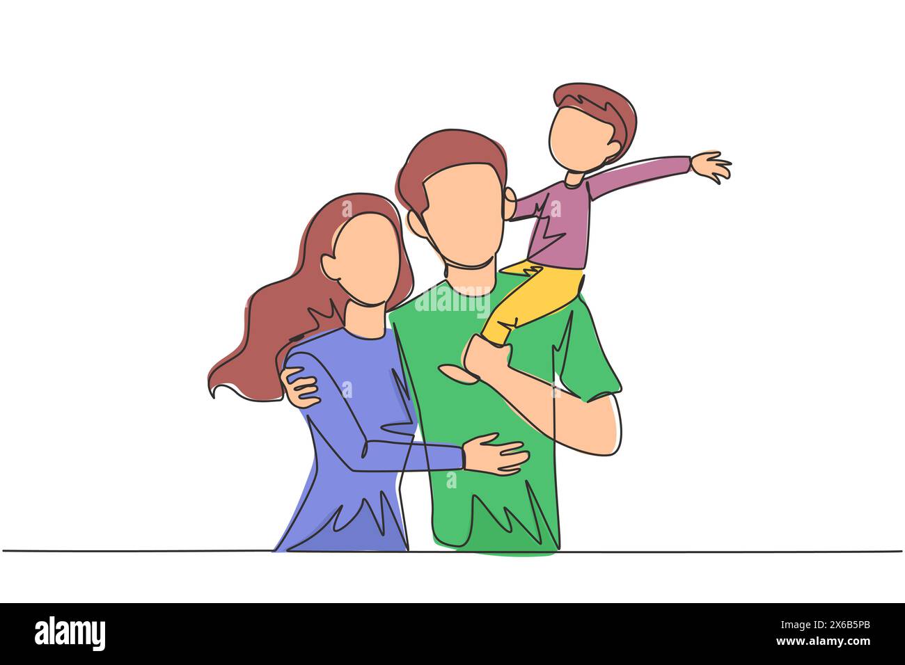 Single one line drawing of young woman hug her handsome husband who is holding their little cute son. Smiling couple with child. Happy family concept. Stock Vector