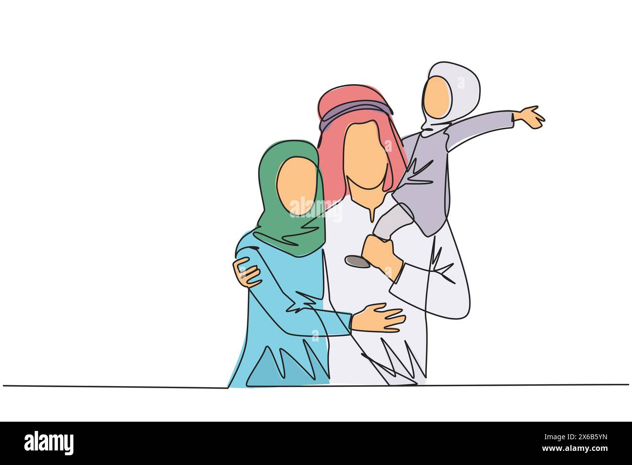 Continuous one line drawing of young beauty Arabian woman hug her handsome husband who is holding their pretty daughter. Smiling couple with child. Ha Stock Vector