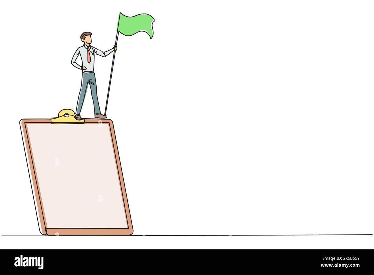 single-one-line-drawing-of-businessman-standing-on-giant-clipboard