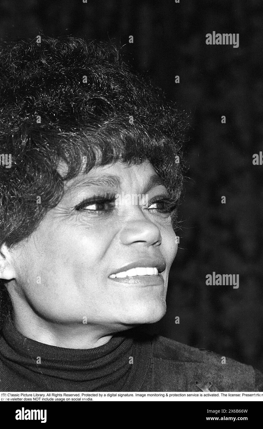 Eartha Mae Kitt (born Keith; January 17, 1927 – December 25, 2008) was an American singer and actress known for her highly distinctive singing style and her 1953 recordings of 'C'est si bon' and the Christmas novelty song 'Santa Baby'. Pictured when visiting Sweden in the 1970s. Stock Photo