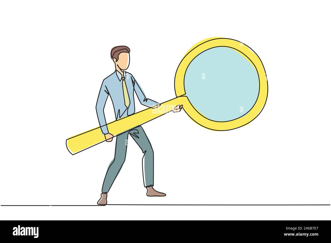 Continuous one line drawing businessman standing holding a giant magnifier. Resembling a guitar player, he searches, analyzes, finds all the necessary Stock Vector