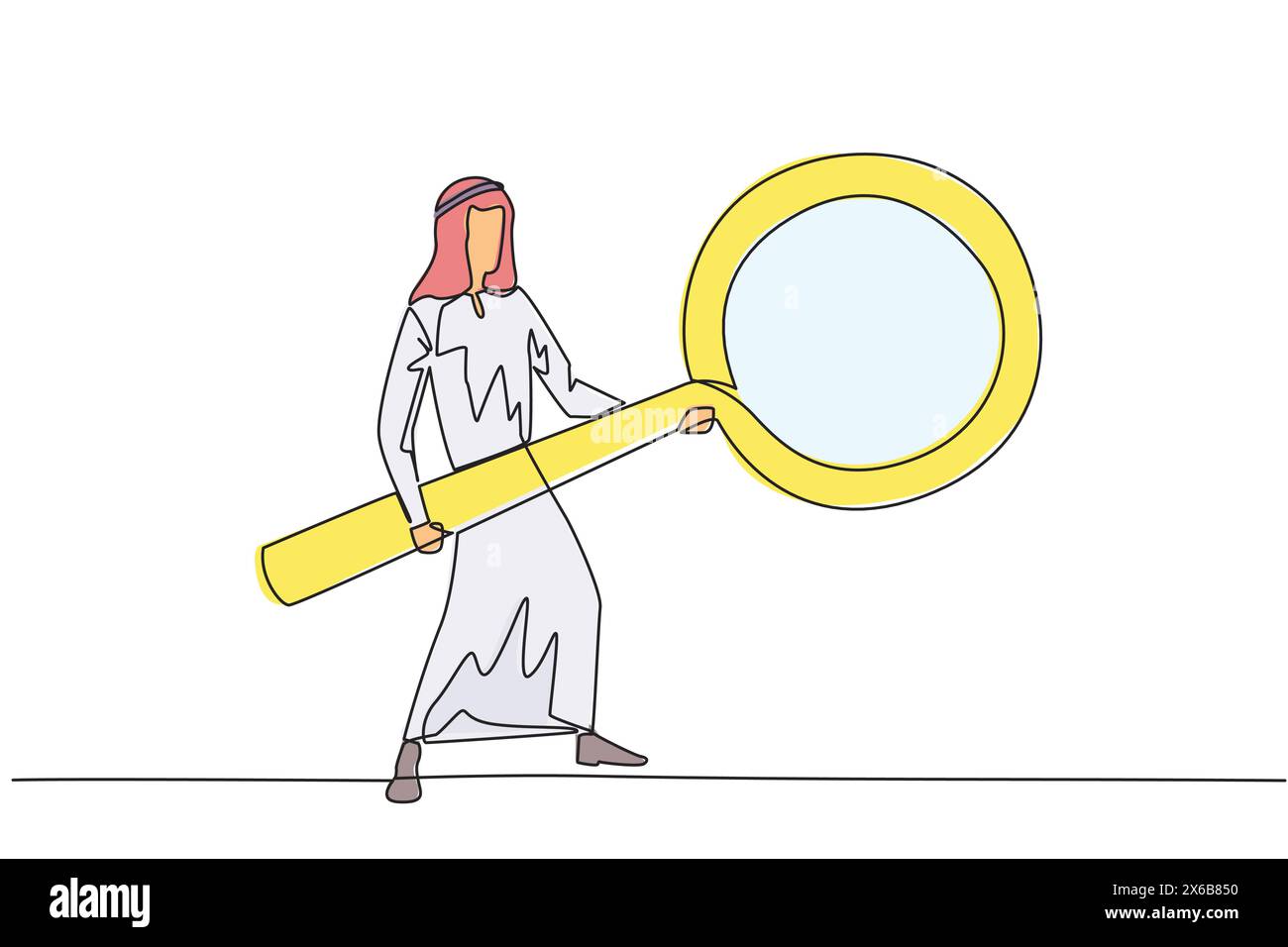 Single continuous line drawing Arab businessman standing holding a giant magnifier. Resembling a guitar player, he searches, analyzes, finds all the n Stock Vector