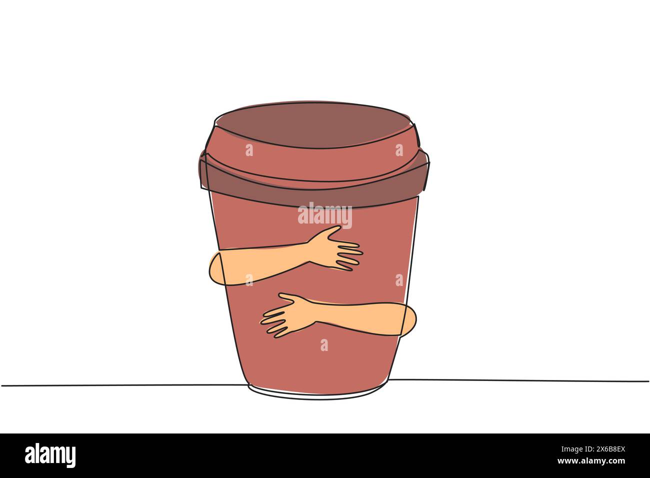 Single one line drawing of hands hugging paper cup coffee. A cup of