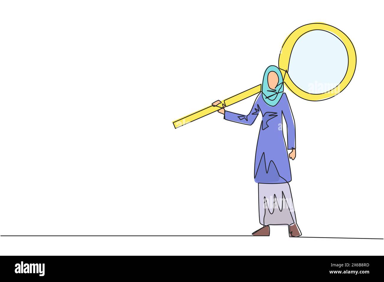 Continuous one line drawing of energetic young Arabian businesswoman stood up carrying a huge magnifier on her shoulders. The concept of seeking succe Stock Vector