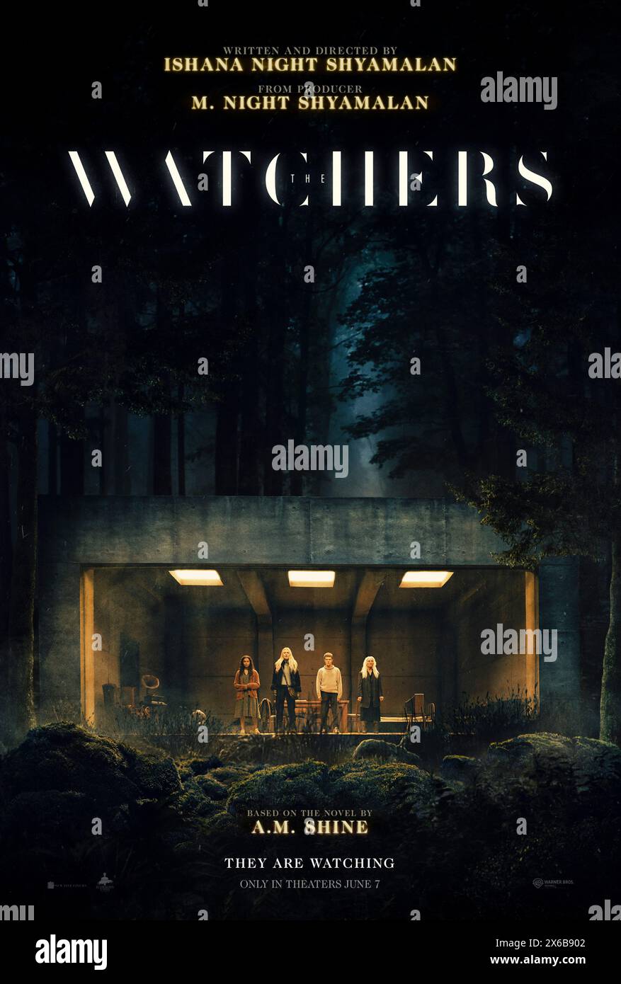 The Watched (2024) directed by Ishana Shyamalan and starring Dakota Fanning, Georgina Campbell and Olwen Fouéré. A young artist gets stranded in an extensive, immaculate forest in western Ireland, where, after finding shelter, she becomes trapped alongside three strangers, stalked by mysterious creatures each night. US advance poster.***EDITORIAL USE ONLY*** Credit: BFA / Warner Bros Stock Photo