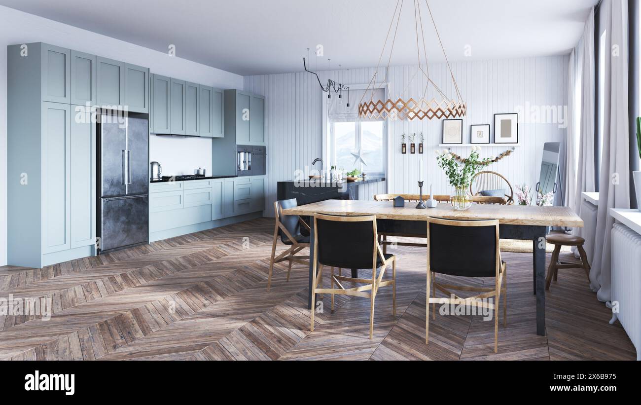 modern kitchen interior design with dining table. 3d rendering Stock ...