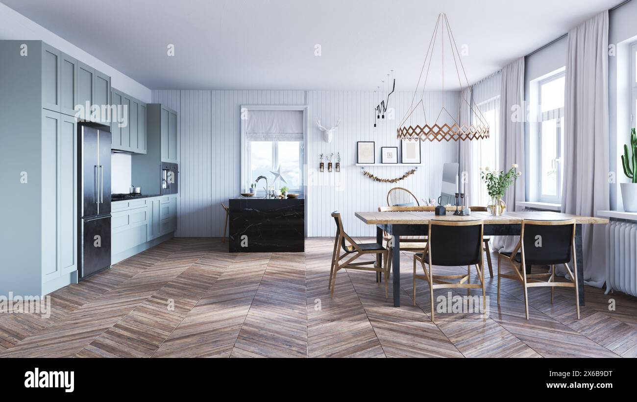 modern kitchen interior design with dining table. 3d rendering Stock ...