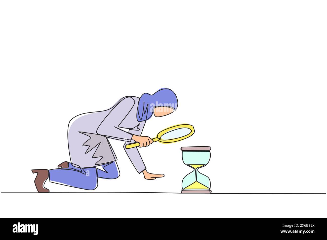 Single one line drawing Arabian businesswoman holding magnifying glass looking at hourglass. Businesswoman lack of time to running a business. Bad tim Stock Vector