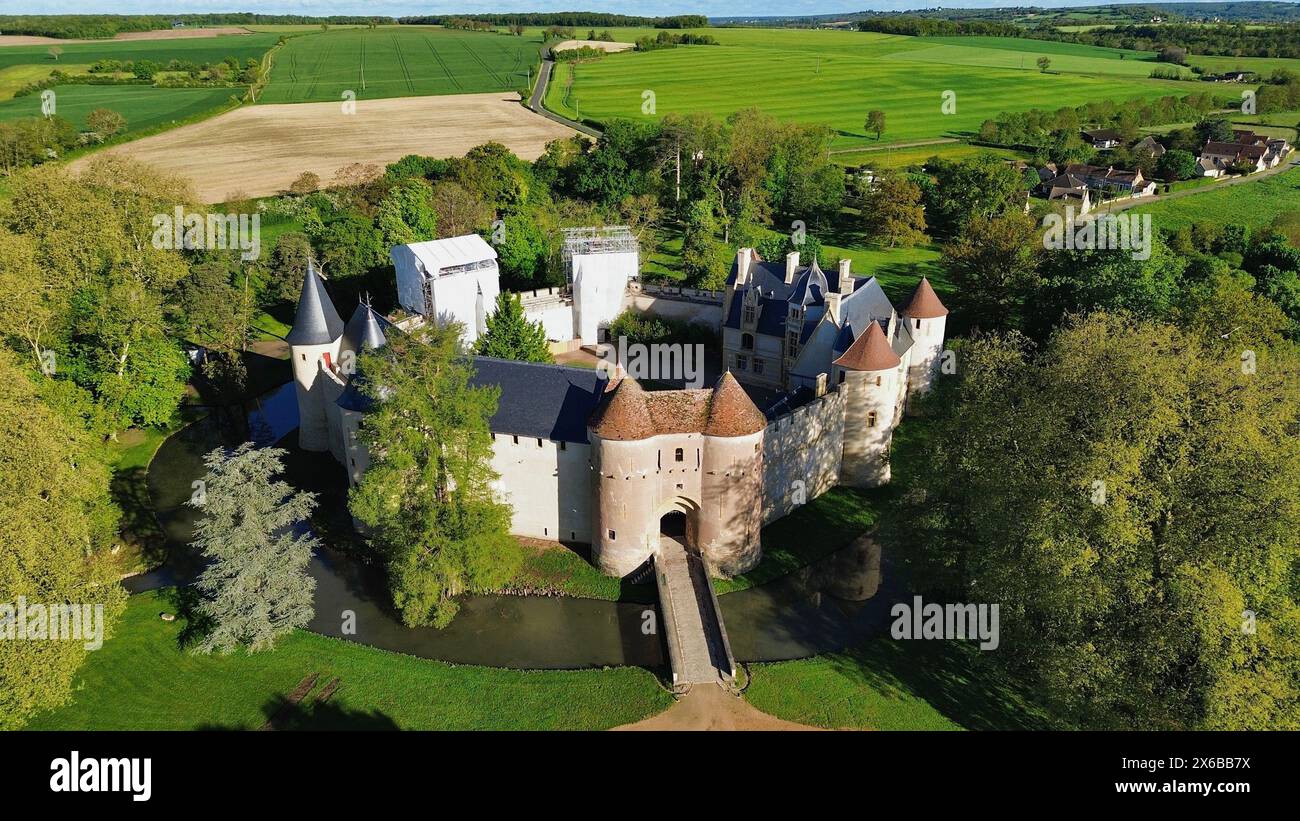 drone photo Ainay-le-Vieil castle France Europe Stock Photo